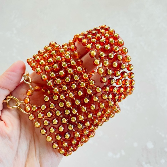 Vintage Amber Tone & Gold Plastic Beaded Chain Belt - Picture 3 of 6